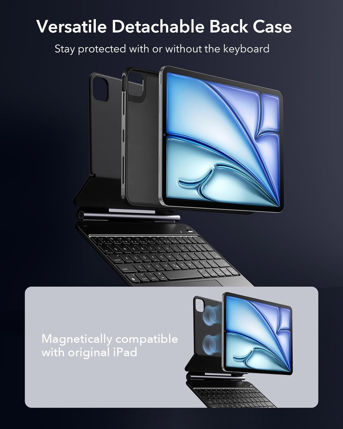 ESR iPad Air 11 Inch Case with Keyboard (M3/M2, 2025/2024) & iPad Pro 11/Air 5th/4th Gen Keyboard, Easy-Set Magnetic Stand, Portrait/Raised Modes, with Removable Protective Case, Black