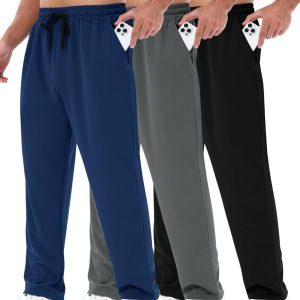 3 Pack Mens Sweatpants with Pockets - Mesh Open Bottom Athletic Joggers for Men Loose Fit Gym Workout Running Casual Pants