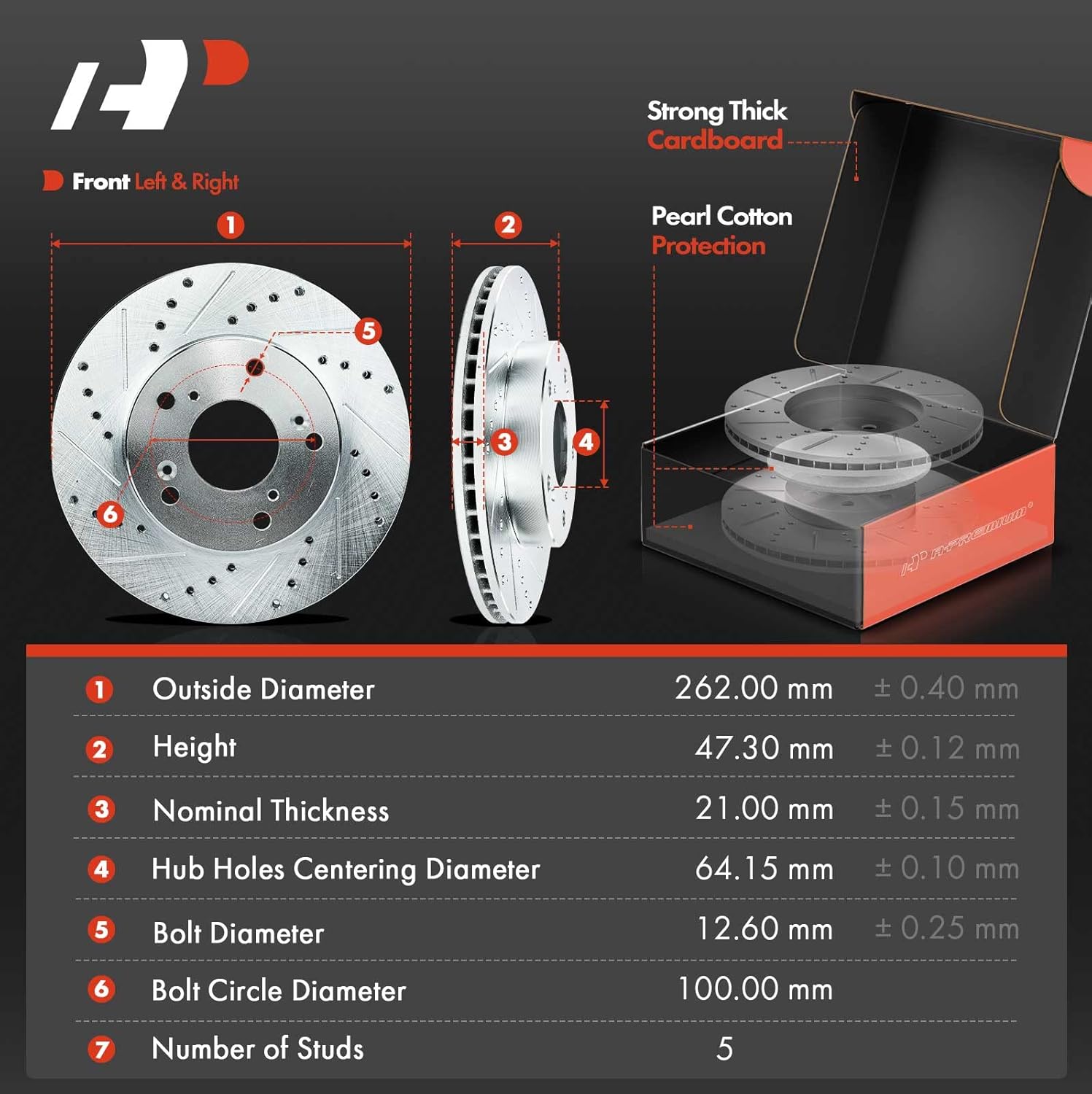 A-Premium 10.32 inch (262mm) Front Drilled and Slotted Disc Brake Rotors + Ceramic Pads Kit Compatible with Honda Models - Civic 2012, Civic 2013-2015 (Manual Transmission), 1.8L, 6-PC Set