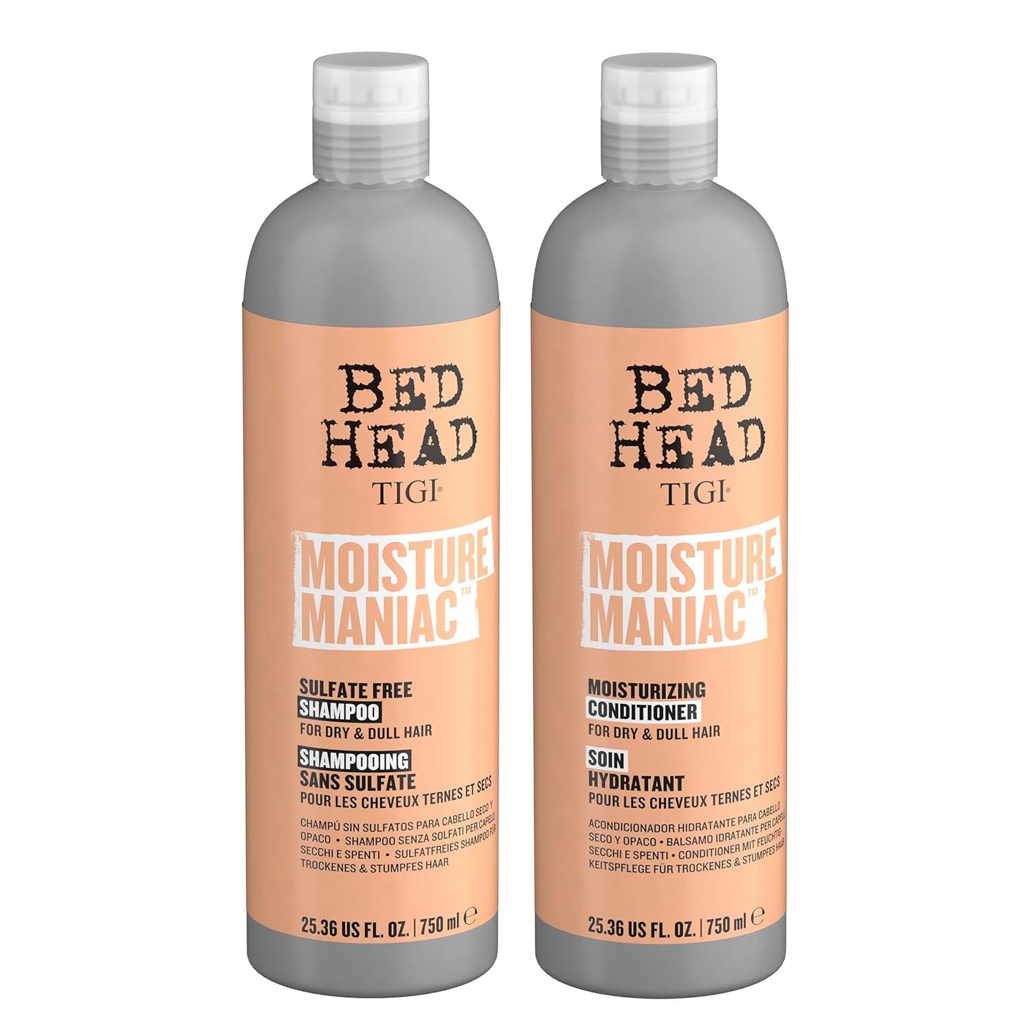 TIGI Bed Head - Juego de champú y acondicionador sin sulfato para cabello seco, cuidado del cabello maníaco de humedad con aceite de argán, 25.36 onzas líquidas, paquete de 2