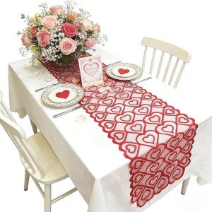 Camino de mesa de encaje con corazón rojo, decoración del día de San Valentín para bodas, decoraciones de San Valentín, aniversario, cocina, comedor, decoración de mesa de hogar, 13 x 72