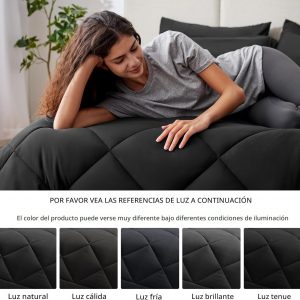 Love's cabin Juego de edredón tamaño matrimonial negro, 7 piezas de cama matrimonial en una bolsa, juegos de ropa de cama para todas las estaciones con 1 edredón, 1 sábana encimera, 1 sábana bajera, 2