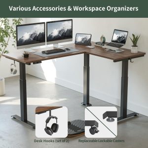 FEZIBO Escritorio Eléctrico de Pie en Forma de L con Triple Motor, 63 Pulgadas de Altura Ajustable, Escritorio de Esquina para Sentarse y Pararse, Estación de Trabajo con Tablero de Empalme, Marco