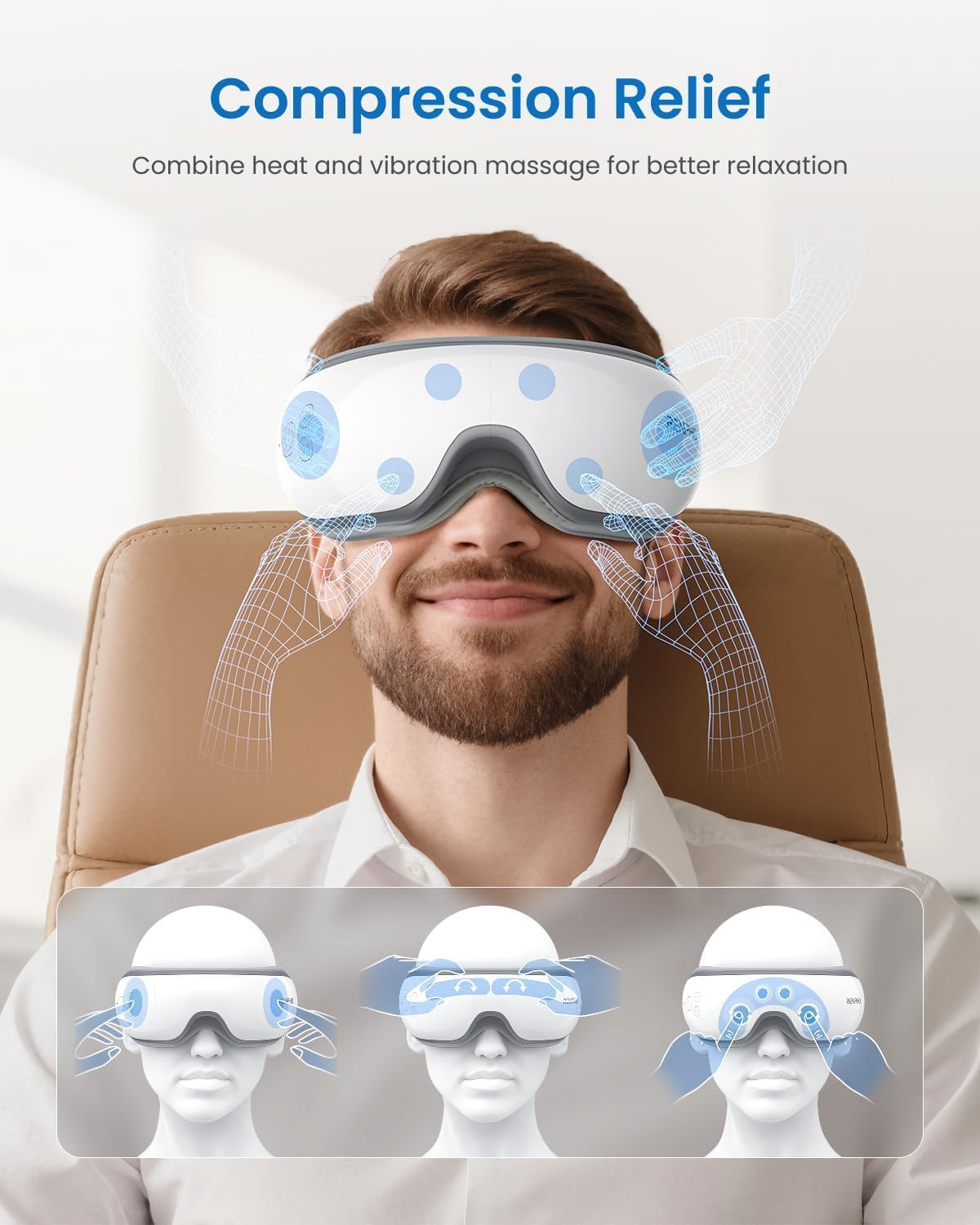 RENPHO - Masajeador de ojos con calor, masajeador de calor recargable con música Bluetooth para relajar y reducir la tensión de los ojos, ojeras y bolsas de los ojos, mejora el sueño, regalos familiares ideales (blanco)