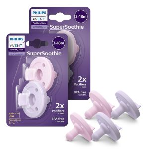 Philips Avent Soothie Orthodontic Baby Pacifiers, 100% Silicone Pacifiers, One Piece, BPA-Free, for Babies 3-18 Months, 2 Lilac and 2 Pink, 4 Pack, Model SCF192/70