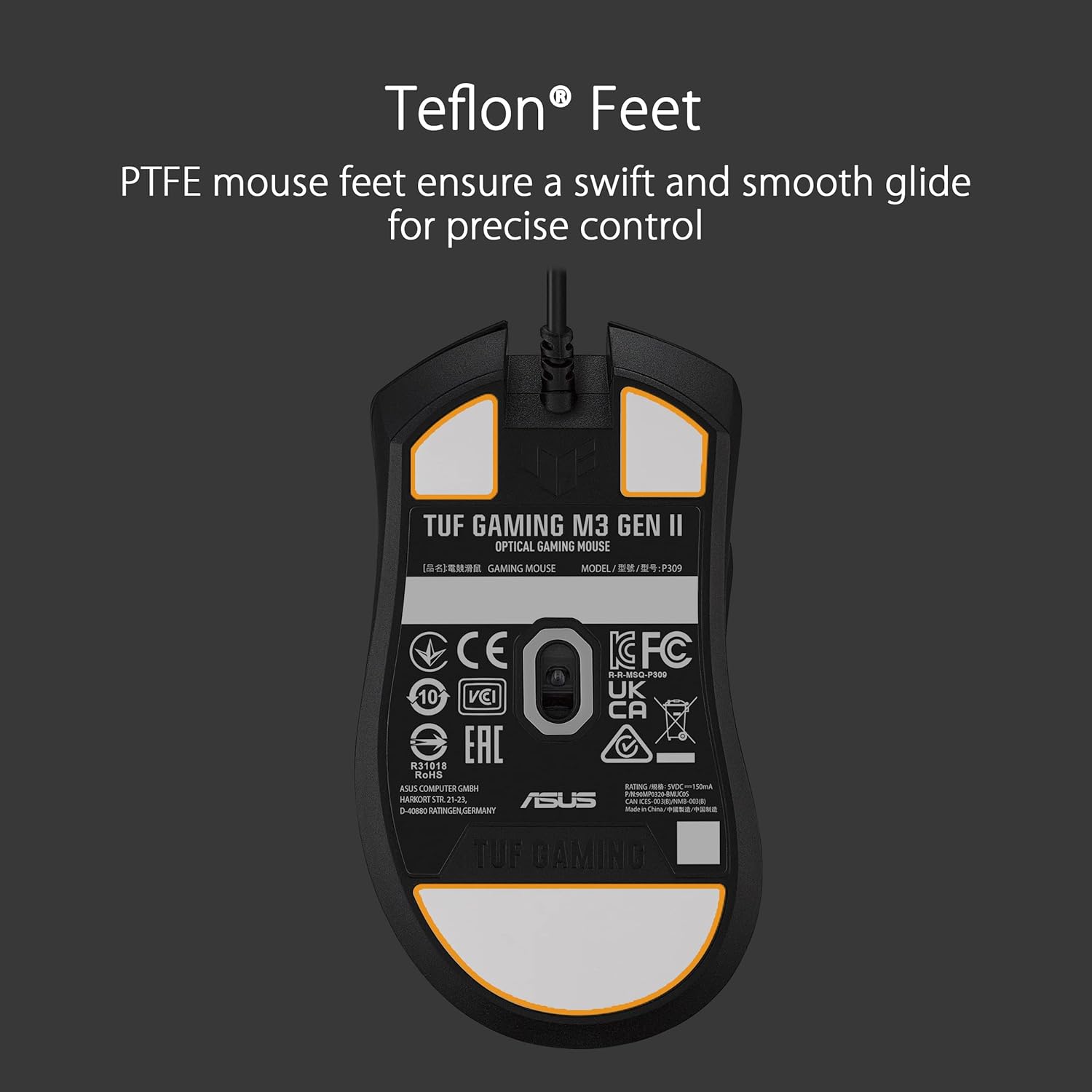 ASUS TUF Gaming M3 Gen II - Ratón USB con cable para juegos, ergonómico para diestros, ligero de 2.08 oz, 8K DPI, resistencia al polvo y al agua IP56, protección antibacteriana, 6 botones programables, soporte para PC/Mac, color negro