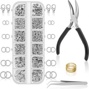 Anezus 1200PCS Jump Rings for Jewelry Making Kit, Jump Rings and Necklace Clasps with Jump Ring Pliers Tools for Jewelry Making Supplies and Necklace Repair (Silver)