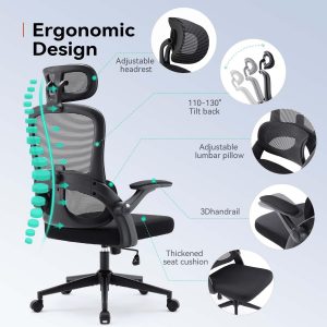 SIHOO Ergonomic Office Chair, Adjustable Lumbar Support, 110-130° Tilt, 3D Flip Up Armrests, Rolling Computer Desk Chair with Headrest-Dark Black