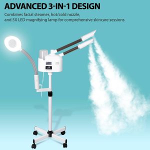 BBBuy Vaporizador facial profesional 3 en 1 de limpieza profunda con ozono facial con luz de aumento 5X y ruedas giratorias, función de niebla caliente/fría para salón, spa, equipo de belleza para el hogar, color blanco