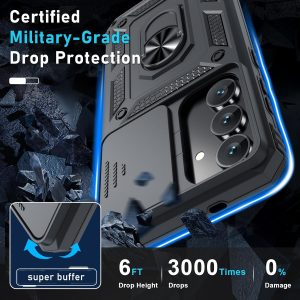 Janmitta Compatible with Samsung Galaxy S25 FE Case Built in Slide Camera Lens Cover+Screen Protector+Finger Ring Holder Kickstand,Heavy Duty Shockproof Full Body Phone Cover,2025 Black