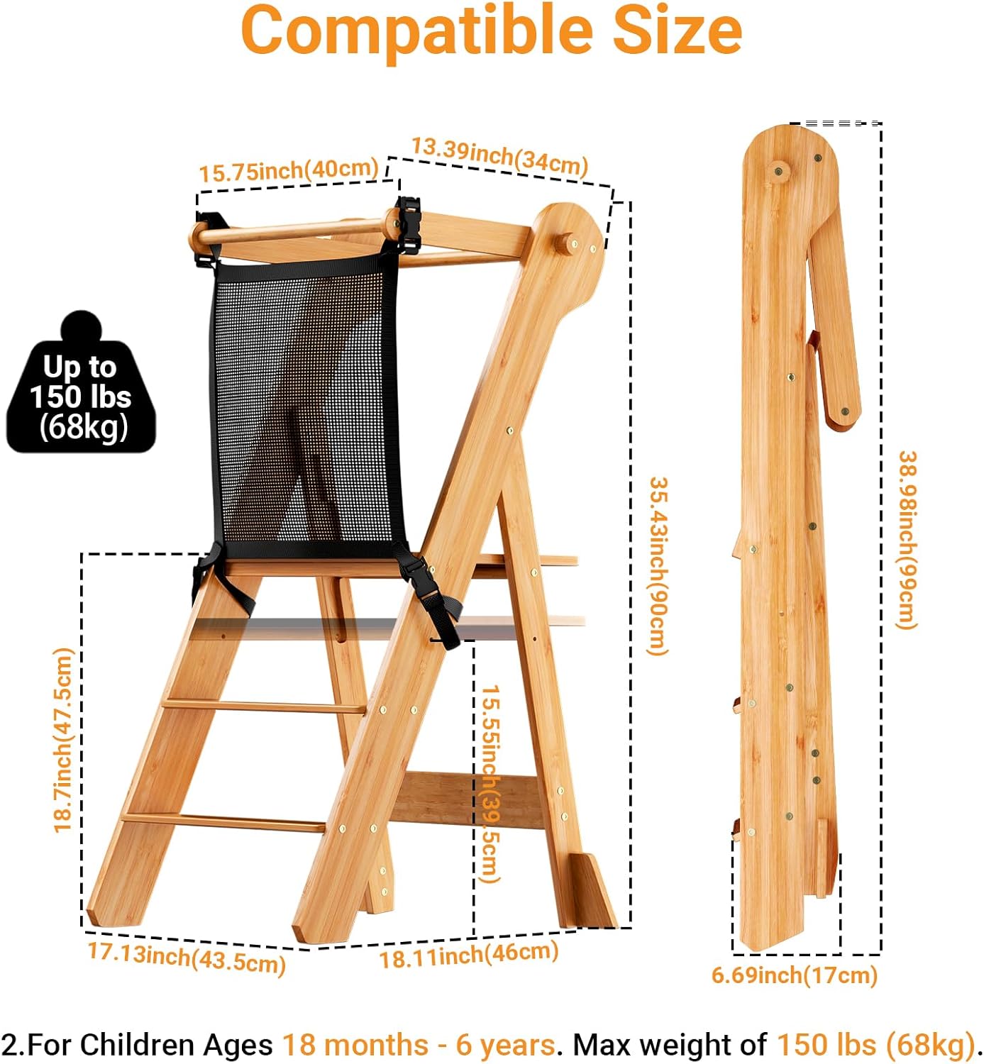 COSYLAND Torre plegable de pie para niños – Taburete plegable de altura ajustable para niños pequeños taburete de cocina ayudante para aprender y cocinar – Edades 18 meses a 6 años con red de