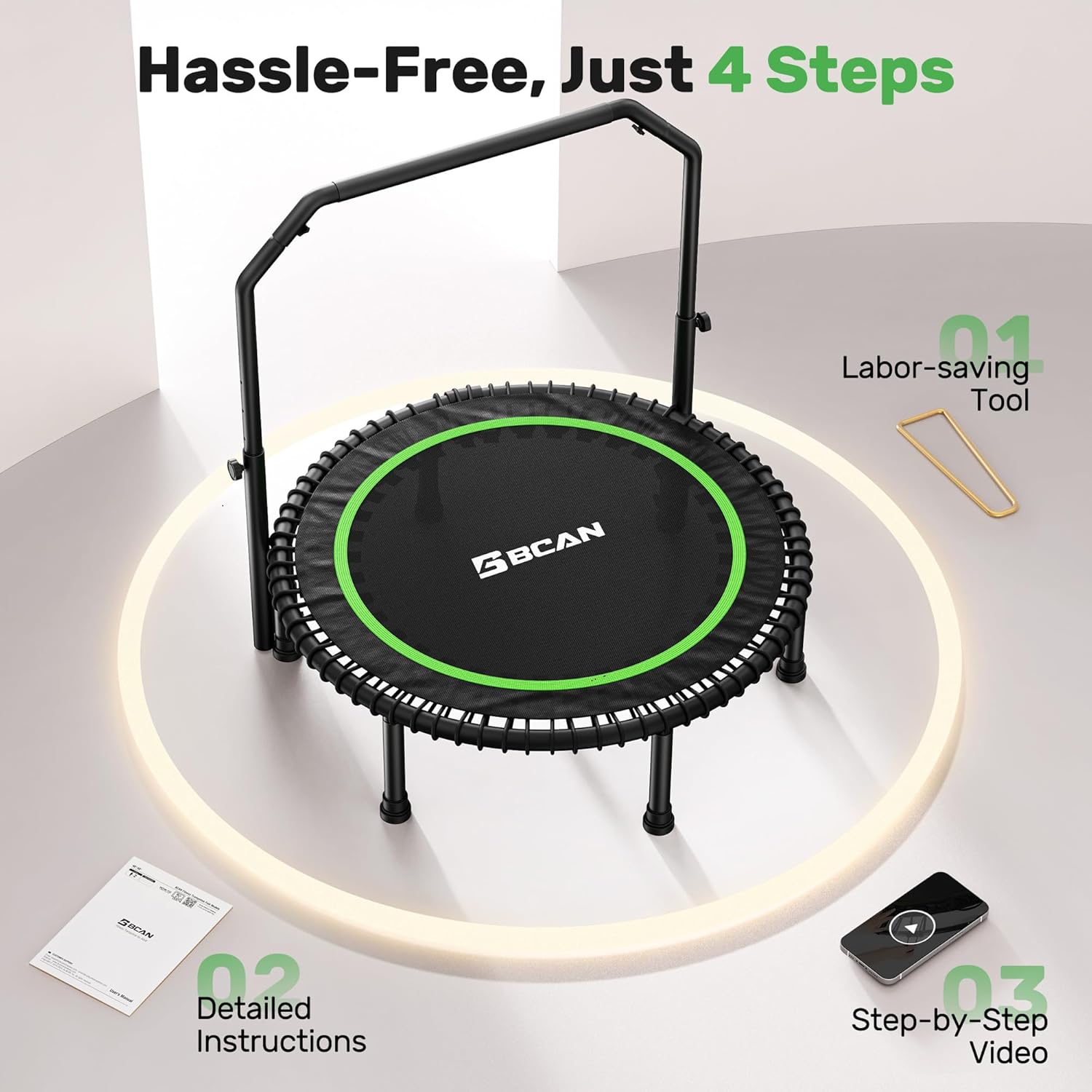 BCAN BT2 450/550LBS Mini Rebounder Trampoline for Adults with Bar, Fitness Trampoline with Bungees, Adjustable Handle, Stable & Quiet, Indoor Outdoor, Whole-Body Workout & Relaxation at Home-40IN/48IN