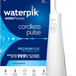 Waterpik Cordless Pulse Rechargeable Portable Water Flosser for Teeth, Gums, Braces Care and Travel with 2 Flossing Tips, Waterproof for Shower, ADA Accepted, WF-20 White, Packaging and Tips May Vary