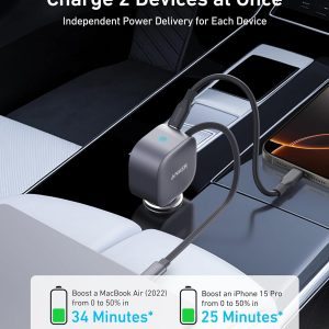 Anker USB-C Car Charger, 75W Max Ultra-Compact Type-C Fast Car Charger with Built-in Retractable Cable Car Adapter for iPhone 15/14 Series, Samsung S24/S23, MacBookPro/Air, iPad, and More