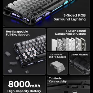 GravaStar Mercury K1 75% Wireless Mechanical Gaming Keyboard, Aluminum Alloy, Gasket Compact Custom Keyboard Hot-Swap Socket, Linear Switches, RGB Backlit - Gradient Black