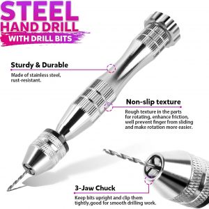 LEOBRO Hand Drill, 222 PCS Pin Vise Hand Drill with Drill Bits(0.8 mm-3 mm), Needle Nose Pliers, Keychain Making Kit, Jewelry Making Supplies, Hand Drill Tools for Jewelry Keychains Making