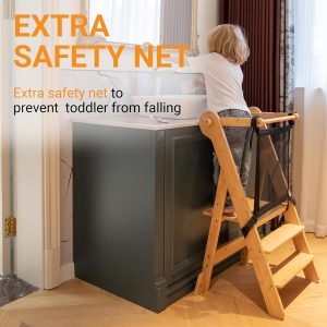 COSYLAND Torre plegable de pie para niños – Taburete plegable de altura ajustable para niños pequeños taburete de cocina ayudante para aprender y cocinar – Edades 18 meses a 6 años con red de