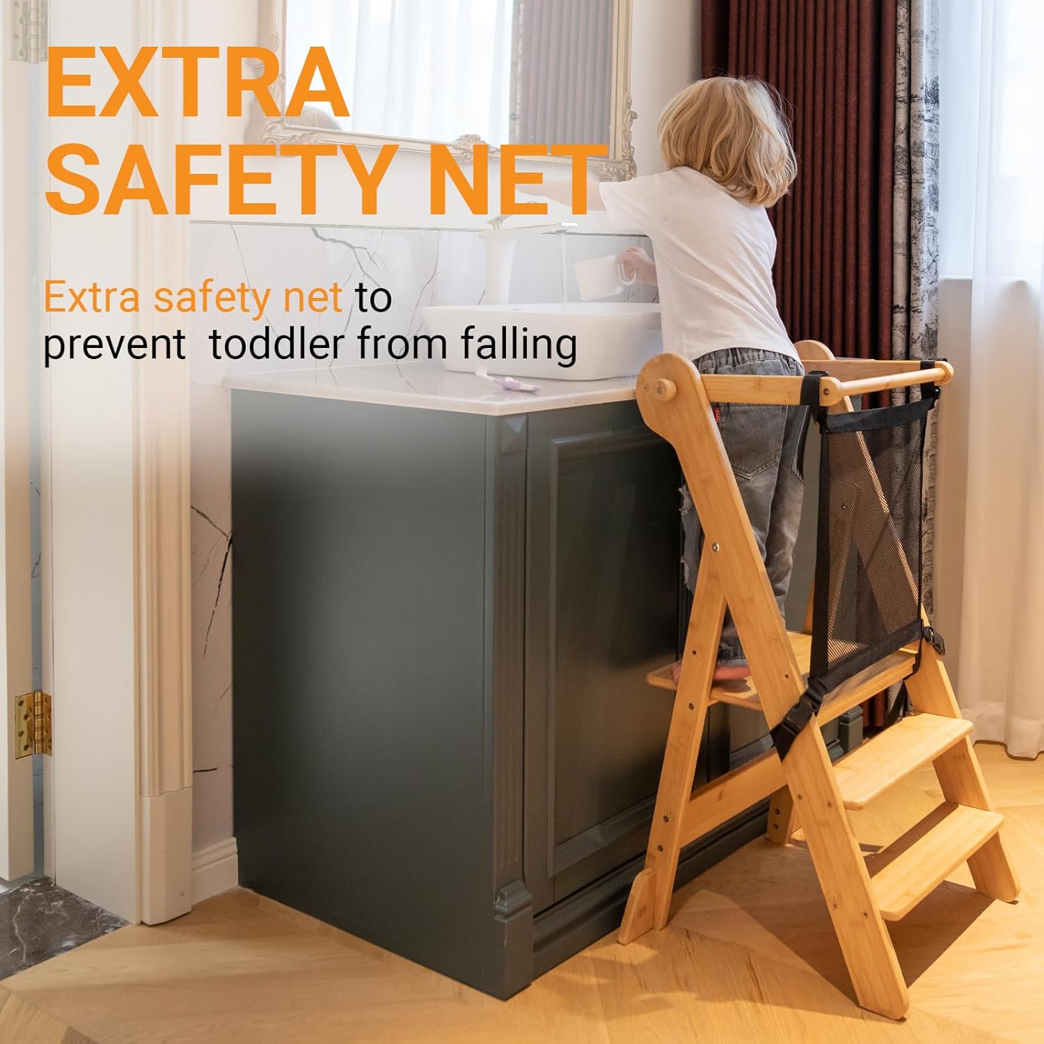 COSYLAND Torre plegable de pie para niños – Taburete plegable de altura ajustable para niños pequeños taburete de cocina ayudante para aprender y cocinar – Edades 18 meses a 6 años con red de