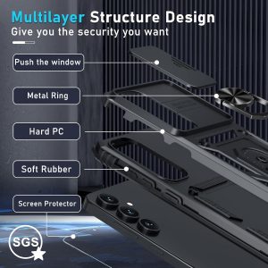 Janmitta Compatible with Samsung Galaxy S25 FE Case Built in Slide Camera Lens Cover+Screen Protector+Finger Ring Holder Kickstand,Heavy Duty Shockproof Full Body Phone Cover,2025 Black