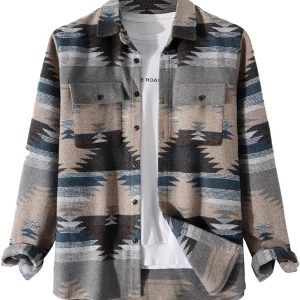 VIEWON Men's Casual Print Button Down Long Sleeve Lightweight Lapel Western Shacket Jacket Coat