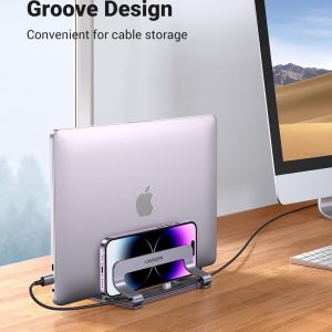 UGREEN - Soporte vertical para laptop de 2 ranuras para escritorio, compatible con MacBook Pro Air, Lenovo Ideapad, Surface Book, HP Notebook, Dell Chromebook de hasta 17,3 pulgadas, gris espacial