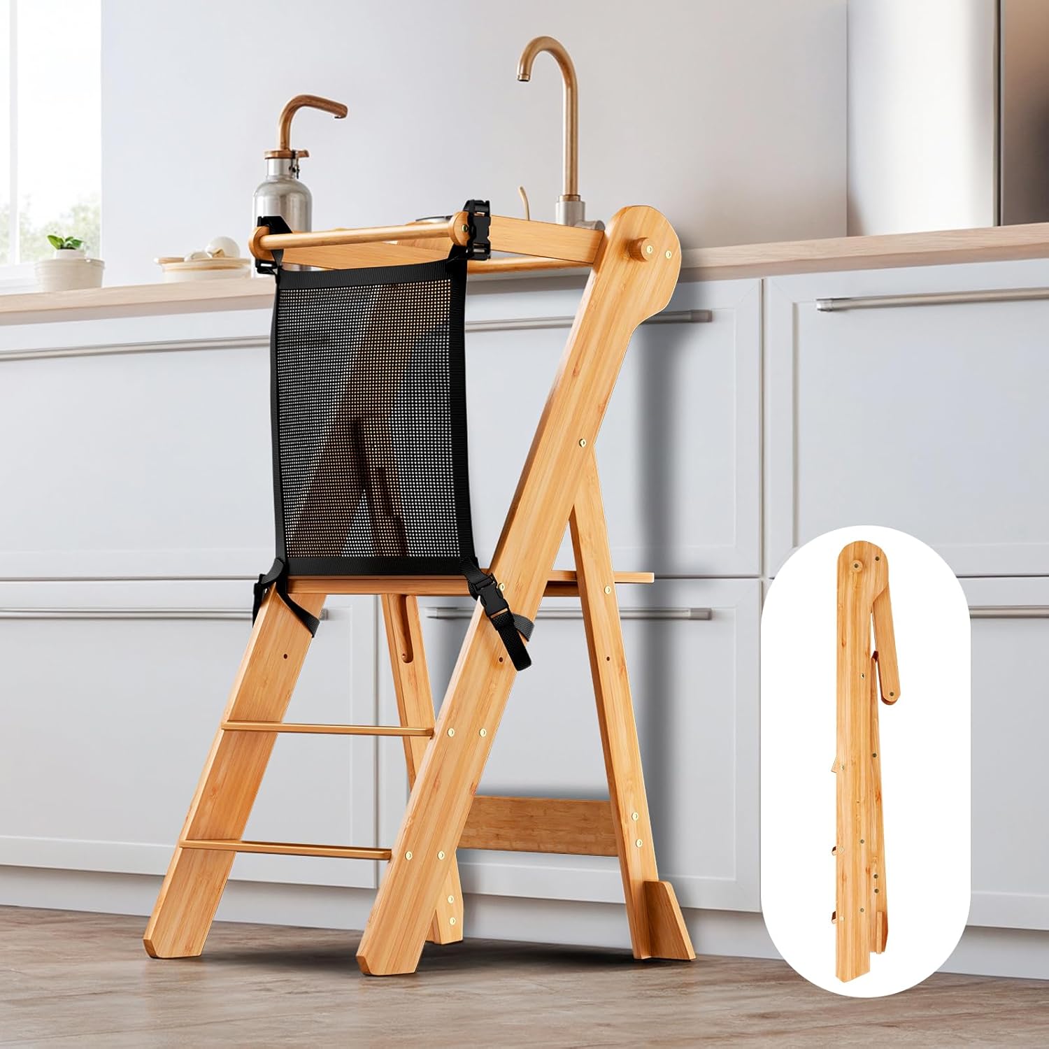 COSYLAND Torre plegable de pie para niños – Taburete plegable de altura ajustable para niños pequeños taburete de cocina ayudante para aprender y cocinar – Edades 18 meses a 6 años con red de