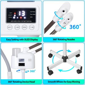 BBBuy Vaporizador facial profesional 3 en 1 de limpieza profunda con ozono facial con luz de aumento 5X y ruedas giratorias, función de niebla caliente/fría para salón, spa, equipo de belleza para el hogar, color blanco