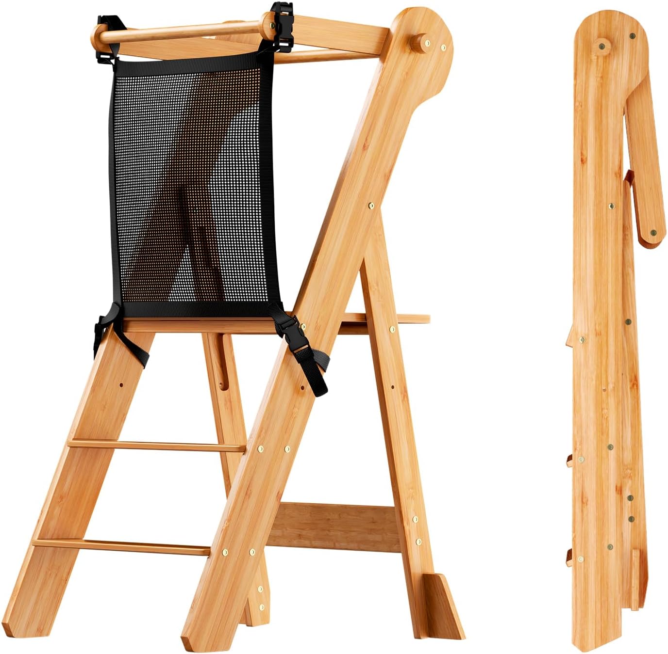 COSYLAND Torre plegable de pie para niños – Taburete plegable de altura ajustable para niños pequeños taburete de cocina ayudante para aprender y cocinar – Edades 18 meses a 6 años con red de