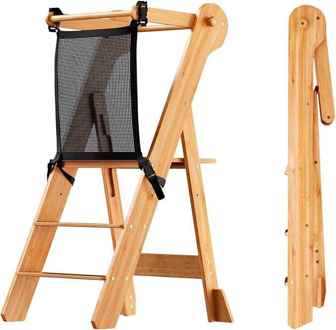 COSYLAND Torre plegable de pie para niños – Taburete plegable de altura ajustable para niños pequeños taburete de cocina ayudante para aprender y cocinar – Edades 18 meses a 6 años con red de