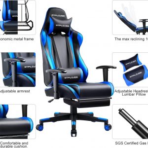GTPLAYER Gaming Chair with Footrest, Ergonomic Computer Game Desk Chair, Reclining Game Chair Seat Height Adjustment, Swivel Rocker with Headrest and Lumbar (Blue)