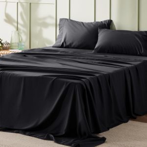 Bedsure Sábanas de tamaño matrimonial, color negro, sábanas suaves para cama de tamaño matrimonial, juego de sábanas de lujo de 4 piezas, juego de sábanas de microfibra de poliéster de fácil cuidado