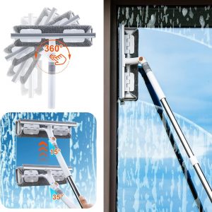 funest Escobilla de 126 pulgadas para limpieza de ventanas, herramienta de limpieza de ventanas 2 en 1 con poste de extensión, cabezal giratorio para interiores y exteriores, espejo de cristal de