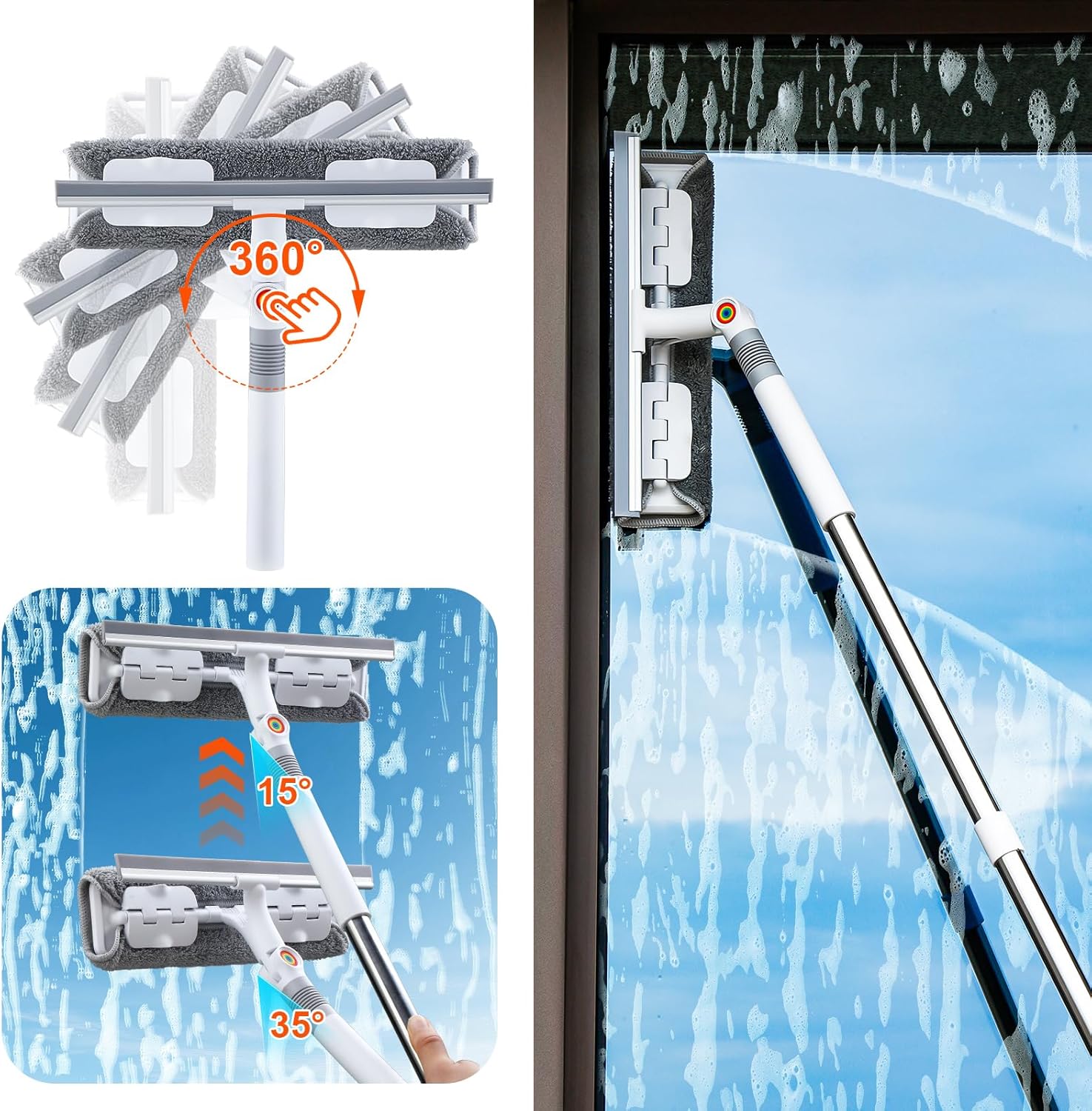 funest Escobilla de 126 pulgadas para limpieza de ventanas, herramienta de limpieza de ventanas 2 en 1 con poste de extensión, cabezal giratorio para interiores y exteriores, espejo de cristal de