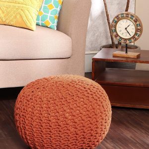 REDEARTH Round Pouf Ottoman - Hand Knitted Cable Boho Poof - Pouffe Circular Footrest for Living Room - Bedroom - Patio - 100% Cotton (19.5"x19.5"x14") - Burnt Orange