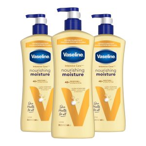 Vaseline Intensive Care Loción corporal hidratante nutritiva 3 unidades hecha con lípidos ultrahidratantes + extracto de avena puro para piel seca, para piel nutrida y de aspecto saludable, 20.3 onzas