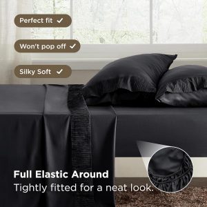 Bedsure Sábanas de tamaño matrimonial, color negro, sábanas suaves para cama de tamaño matrimonial, juego de sábanas de lujo de 4 piezas, juego de sábanas de microfibra de poliéster de fácil cuidado