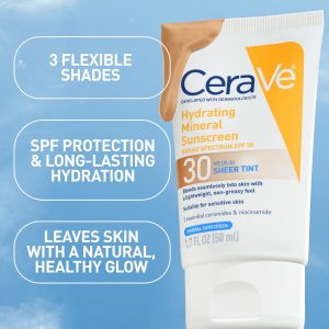 CeraVe Protector solar mineral hidratante SPF 30 con tinte transparente, protector solar mineral tintado con óxido de zinc y dióxido de titanio, se mezcla sin problemas para un brillo saludable
