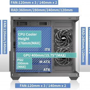 MUSETEX Caja de PC ATX, 3 x 120mm Ventiladores Preinstalados, Soporte para Radiador de 360MM, Caja de PC para Juegos de Vidrio Templado de Vista Completa de 270° con Tipo-C, Caja de Computadora de