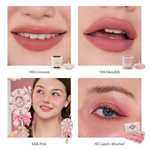 Flower Knows Strawberry Cupid 12-Piece Makeup Gift Box Set,Lip Cream×2+Liquid Blush×2+Makeup Palette×1+Hand Mirror×1+Solid Perfume×1+Hair Clip×1+Cushion Powder Puff×2+Eyeshadow Brush×1+Gift Box×1