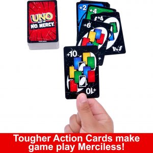 Mattel Games UNO Show ‘em No Mercy Card Game in Storage & Travel Tin for Kids, Adults & Family Night with Extra Cards, Special Rules & Tougher Penalties (Amazon Exclusive)