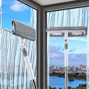 funest Escobilla de 126 pulgadas para limpieza de ventanas, herramienta de limpieza de ventanas 2 en 1 con poste de extensión, cabezal giratorio para interiores y exteriores, espejo de cristal de