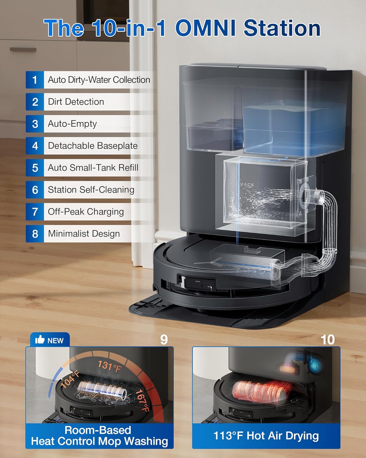 ECOVACS DEEBOT T80 Omni Robot Vacuum and Mop, 18,000Pa Suction, OZMO Roller Mop with TruEdge, Zero-Tangle Brush, AI Navigation, All-in-One Station
