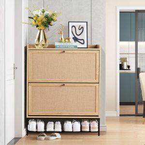 LEVNARY Shoe Cabinet Set of 2, Wooden Narrow Shoe Racks Cabinet Storage with 2 Flip Drawers, Hidden Freestanding Shoe Organizer for Hallway, Entryway, Home (2, Natural Oak)