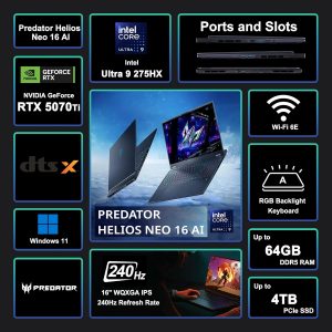 acer Predator Helios Neo 16 AI Gaming Laptop 16" 2560x1600 IPS 240Hz (100% DCI-P3 500nits) Intel 24-core Ultra 9 275HX 64GB RAM 2TB SSD GeForce RTX 5070 Ti (Up to 992 AI Tops) Win11 ICP Hub w/Copilot