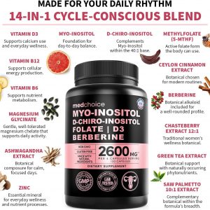 14-in-1 Women’s Inositol Complex Supplement – 40:1 Myo & D-Chiro Inositol with Folate, Vitamin D3, Zinc, Magnesium & Botanicals for Hormone & Feminine Wellness Support – (120 Capsules) (Pack of 1)