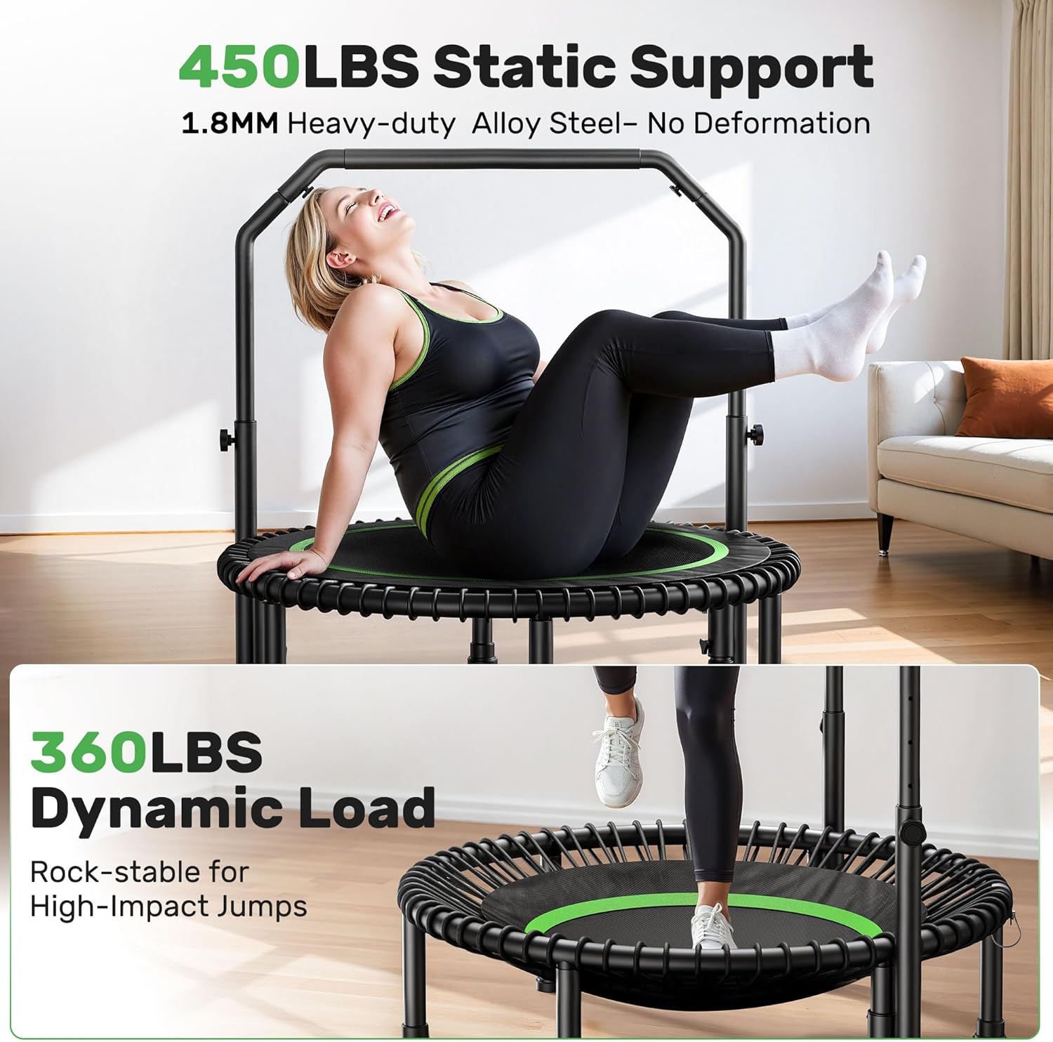 BCAN BT2 450/550LBS Mini Rebounder Trampoline for Adults with Bar, Fitness Trampoline with Bungees, Adjustable Handle, Stable & Quiet, Indoor Outdoor, Whole-Body Workout & Relaxation at Home-40IN/48IN