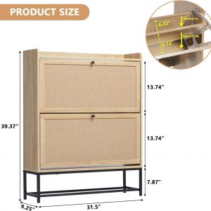 LEVNARY Shoe Cabinet Set of 2, Wooden Narrow Shoe Racks Cabinet Storage with 2 Flip Drawers, Hidden Freestanding Shoe Organizer for Hallway, Entryway, Home (2, Natural Oak)