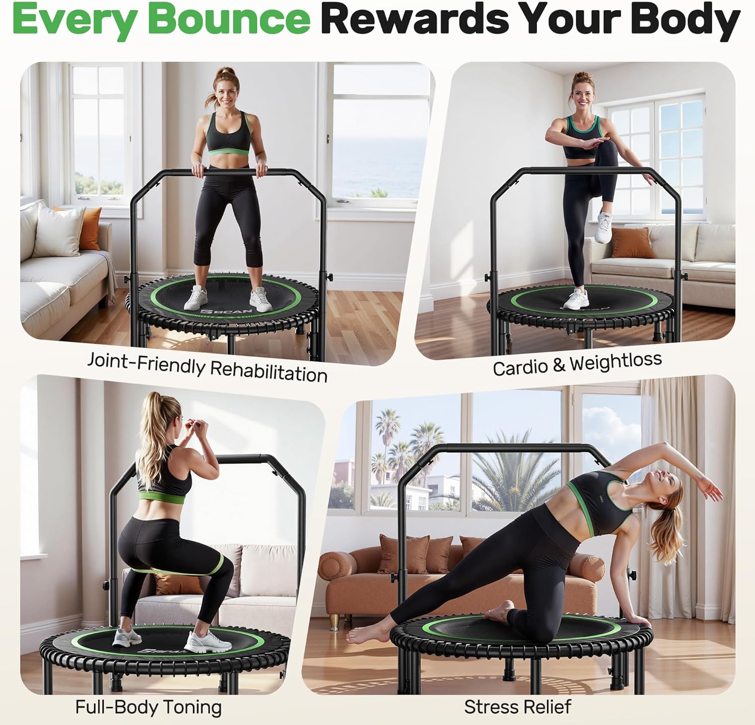 BCAN BT2 450/550LBS Mini Rebounder Trampoline for Adults with Bar, Fitness Trampoline with Bungees, Adjustable Handle, Stable & Quiet, Indoor Outdoor, Whole-Body Workout & Relaxation at Home-40IN/48IN