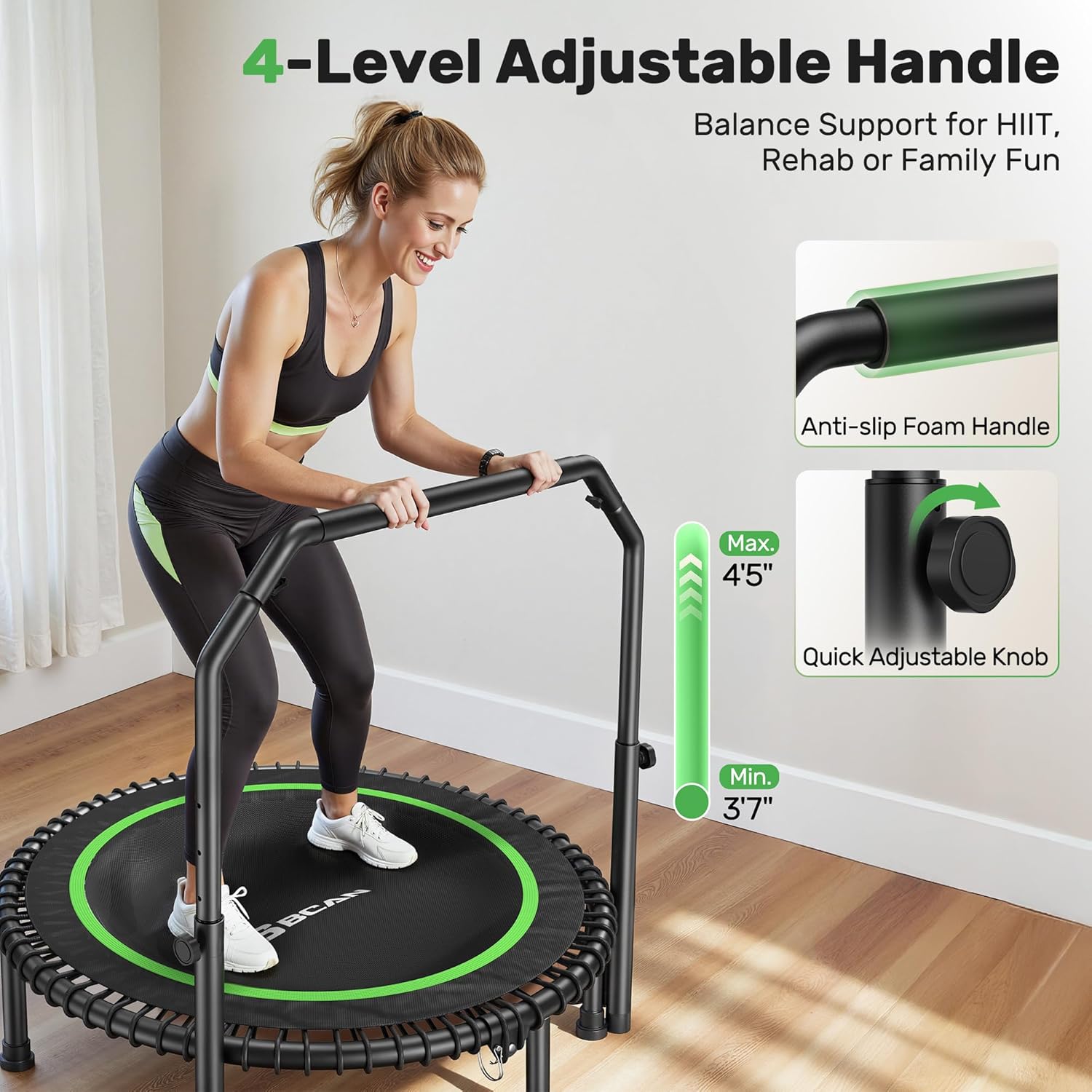 BCAN BT2 450/550LBS Mini Rebounder Trampoline for Adults with Bar, Fitness Trampoline with Bungees, Adjustable Handle, Stable & Quiet, Indoor Outdoor, Whole-Body Workout & Relaxation at Home-40IN/48IN
