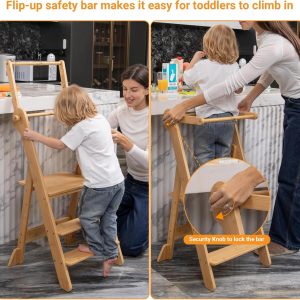 COSYLAND Torre plegable de pie para niños – Taburete plegable de altura ajustable para niños pequeños taburete de cocina ayudante para aprender y cocinar – Edades 18 meses a 6 años con red de